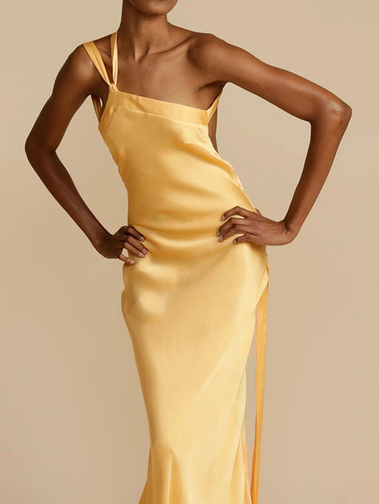 Langes Satinkleid, schulterfrei, figurbetont, Gürtel, rückenfrei, ärmellos, für Damen, elegant, lässig, für Abend, Party, Hochzeit, Gast