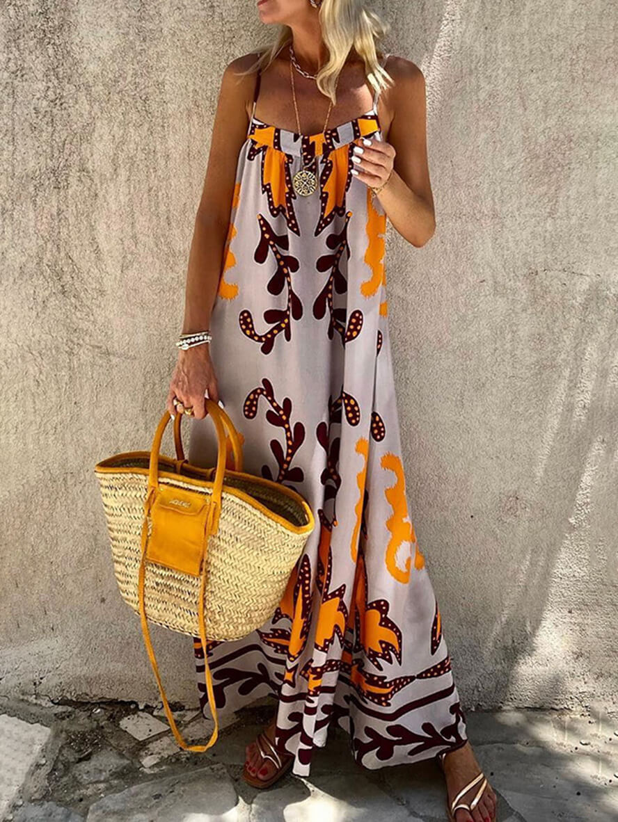 Holiday Tribal Print rückenfreies Spaghettiträger ärmelloses Damen-loses hawaiianisches lässiges Strand-Langkleid