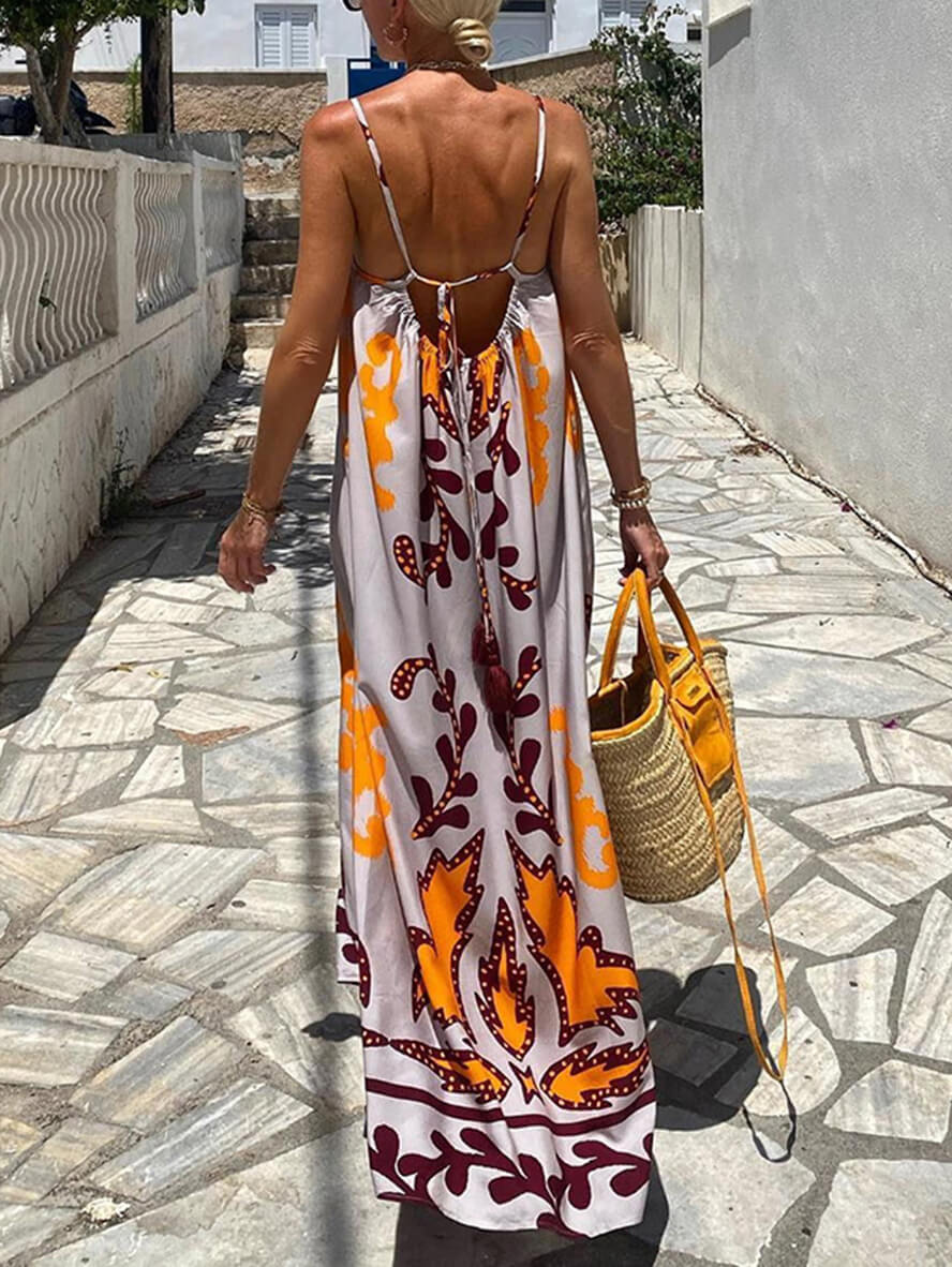 Holiday Tribal Print rückenfreies Spaghettiträger ärmelloses Damen-loses hawaiianisches lässiges Strand-Langkleid