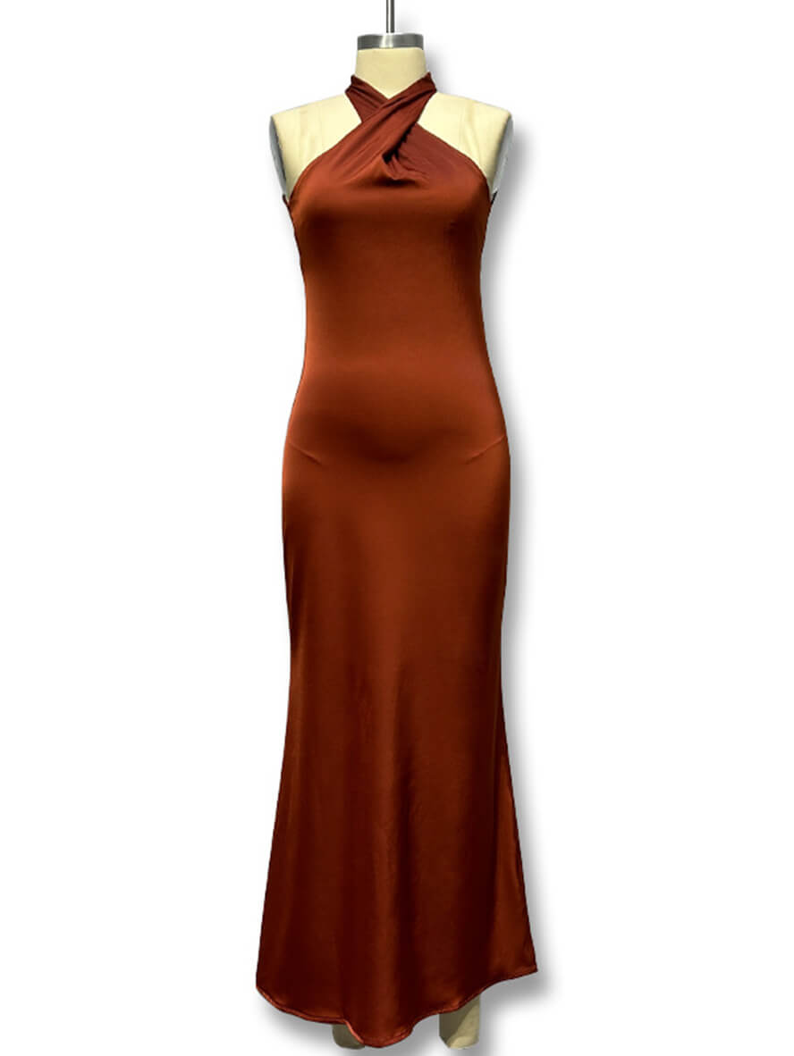 Satin, figurbetont, Kreuz, Neckholder, Ausschnitt, Meerjungfrau, rückenfrei, ärmellos, für Damen, Abend, Abschlussball, langes Kleid