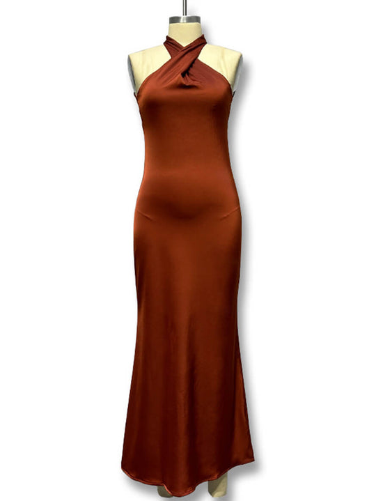 Satin, figurbetont, Kreuz, Neckholder, Ausschnitt, Meerjungfrau, rückenfrei, ärmellos, für Damen, Abend, Abschlussball, langes Kleid