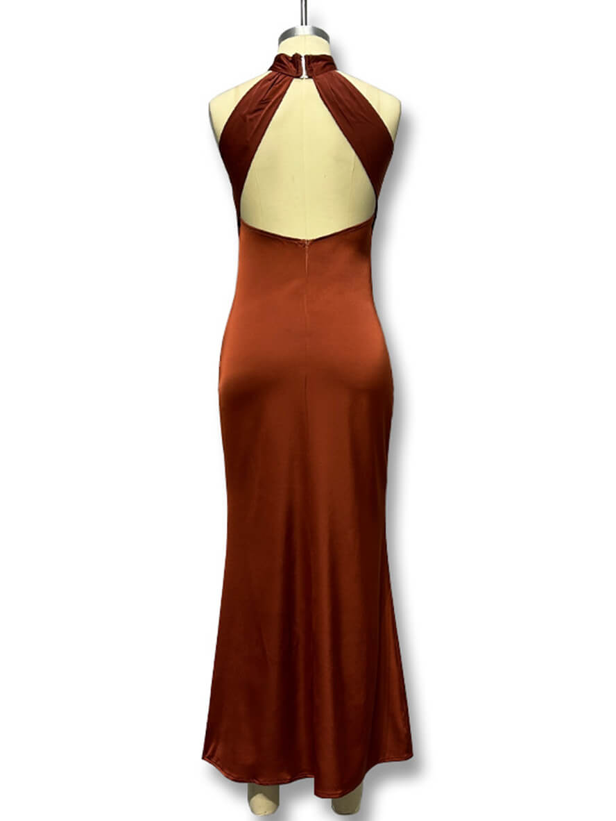 Satin, figurbetont, Kreuz, Neckholder, Ausschnitt, Meerjungfrau, rückenfrei, ärmellos, für Damen, Abend, Abschlussball, langes Kleid