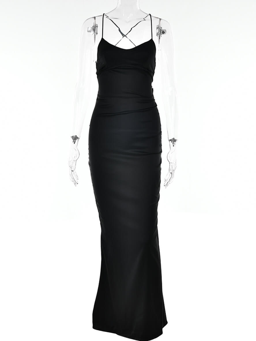 Satin-Meerjungfrau-figurbetontes langes Kleid mit V-Ausschnitt, rückenfrei, Spaghettiträger, ärmellos, für Damen, elegant, modisch, für Abschlussball, Party