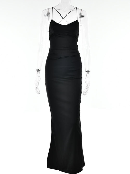 Satin-Meerjungfrau-figurbetontes langes Kleid mit V-Ausschnitt, rückenfrei, Spaghettiträger, ärmellos, für Damen, elegant, modisch, für Abschlussball, Party