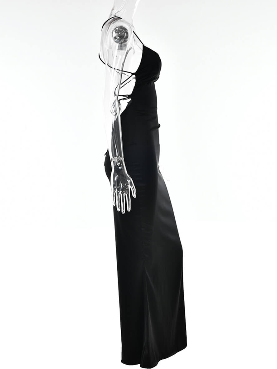 Satin-Meerjungfrau-figurbetontes langes Kleid mit V-Ausschnitt, rückenfrei, Spaghettiträger, ärmellos, für Damen, elegant, modisch, für Abschlussball, Party
