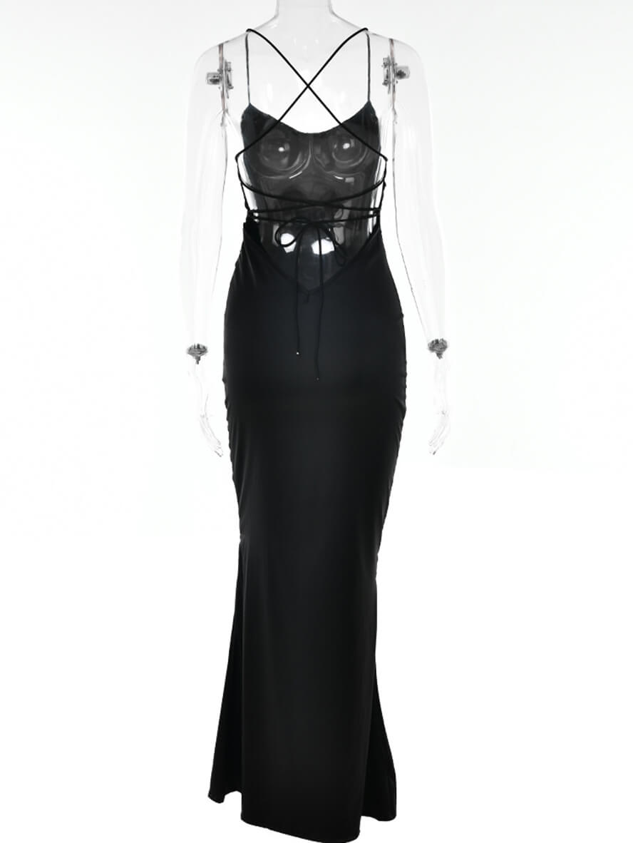 Satin-Meerjungfrau-figurbetontes langes Kleid mit V-Ausschnitt, rückenfrei, Spaghettiträger, ärmellos, für Damen, elegant, modisch, für Abschlussball, Party