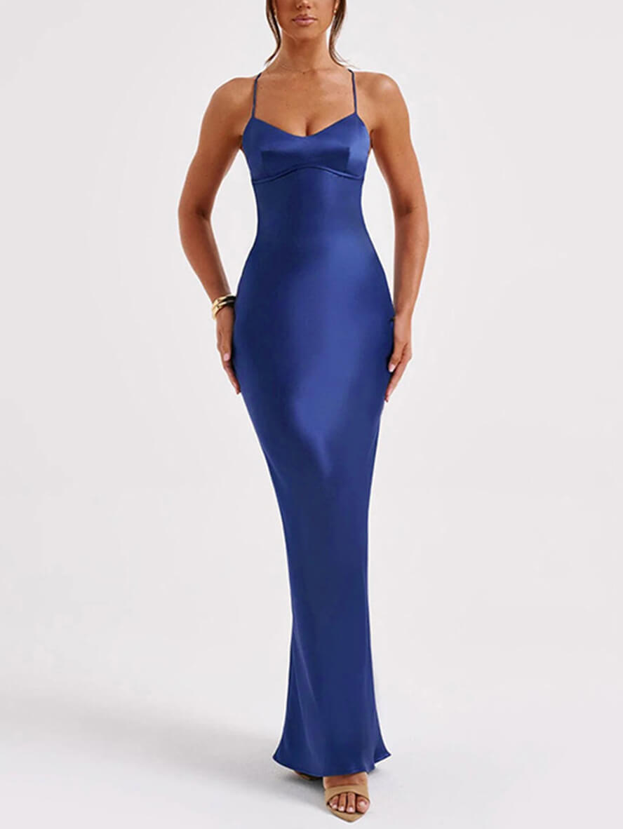 Satin-Meerjungfrau-figurbetontes langes Kleid mit V-Ausschnitt, rückenfrei, Spaghettiträger, ärmellos, für Damen, elegant, modisch, für Abschlussball, Party