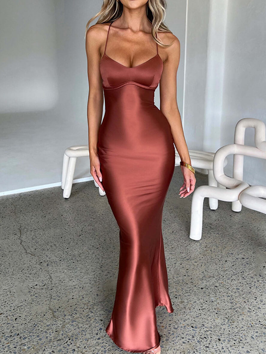 Satin-Meerjungfrau-figurbetontes langes Kleid mit V-Ausschnitt, rückenfrei, Spaghettiträger, ärmellos, für Damen, elegant, modisch, für Abschlussball, Party