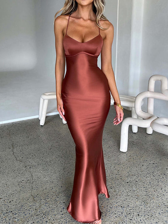 Satin-Meerjungfrau-figurbetontes langes Kleid mit V-Ausschnitt, rückenfrei, Spaghettiträger, ärmellos, für Damen, elegant, modisch, für Abschlussball, Party