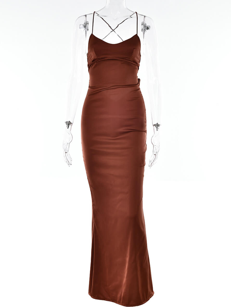 Satin-Meerjungfrau-figurbetontes langes Kleid mit V-Ausschnitt, rückenfrei, Spaghettiträger, ärmellos, für Damen, elegant, modisch, für Abschlussball, Party