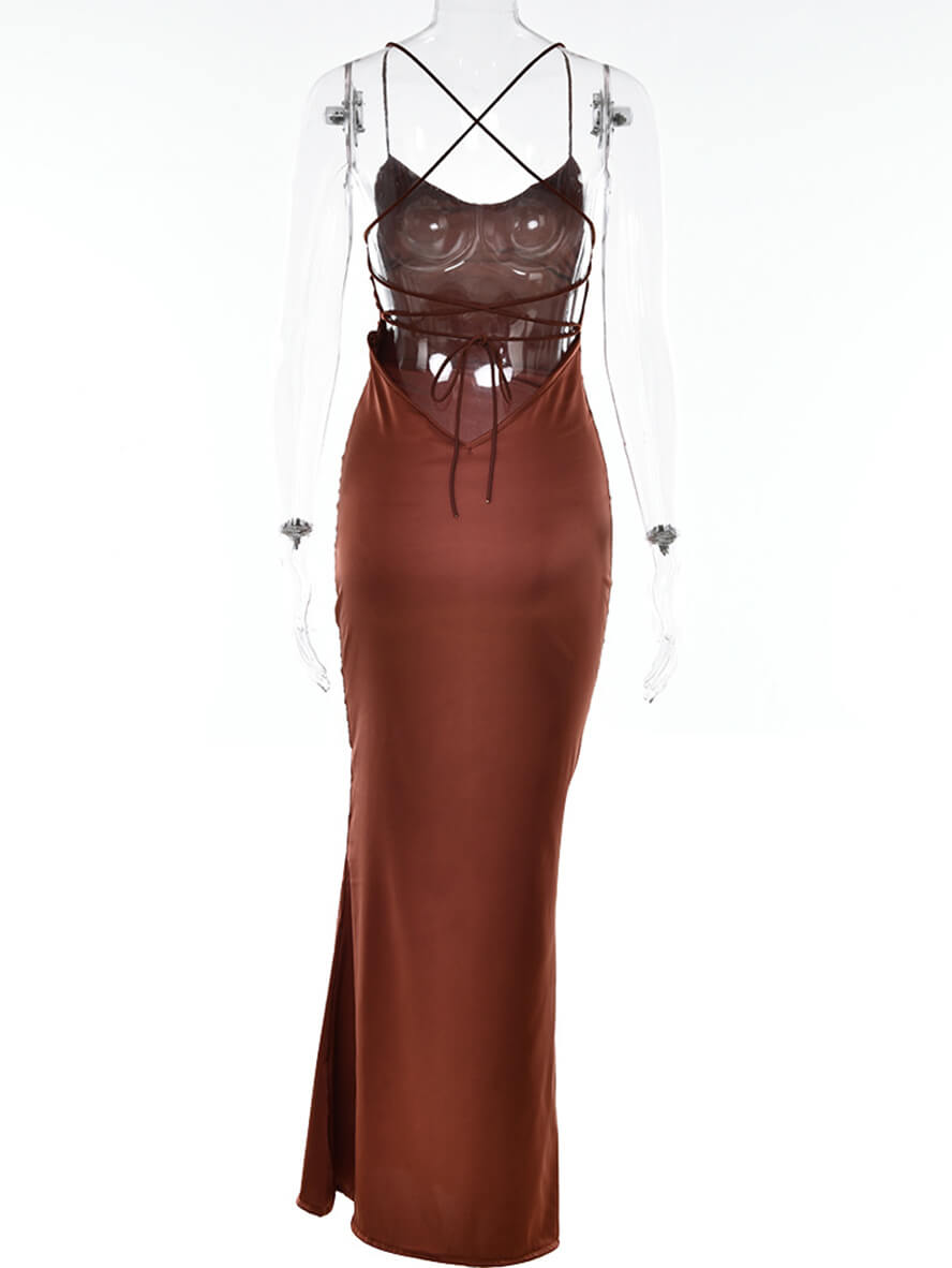 Satin-Meerjungfrau-figurbetontes langes Kleid mit V-Ausschnitt, rückenfrei, Spaghettiträger, ärmellos, für Damen, elegant, modisch, für Abschlussball, Party
