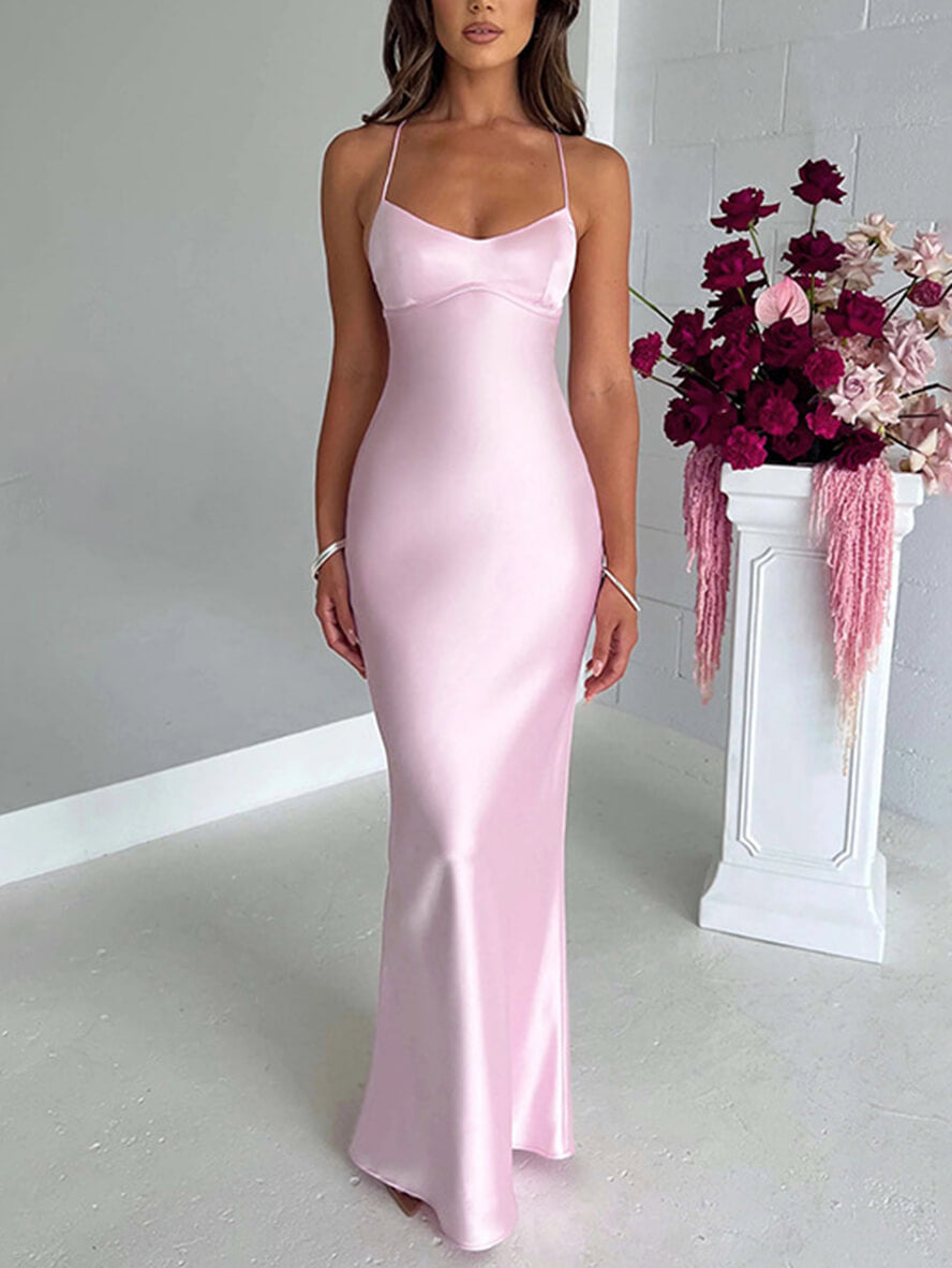 Satin-Meerjungfrau-figurbetontes langes Kleid mit V-Ausschnitt, rückenfrei, Spaghettiträger, ärmellos, für Damen, elegant, modisch, für Abschlussball, Party