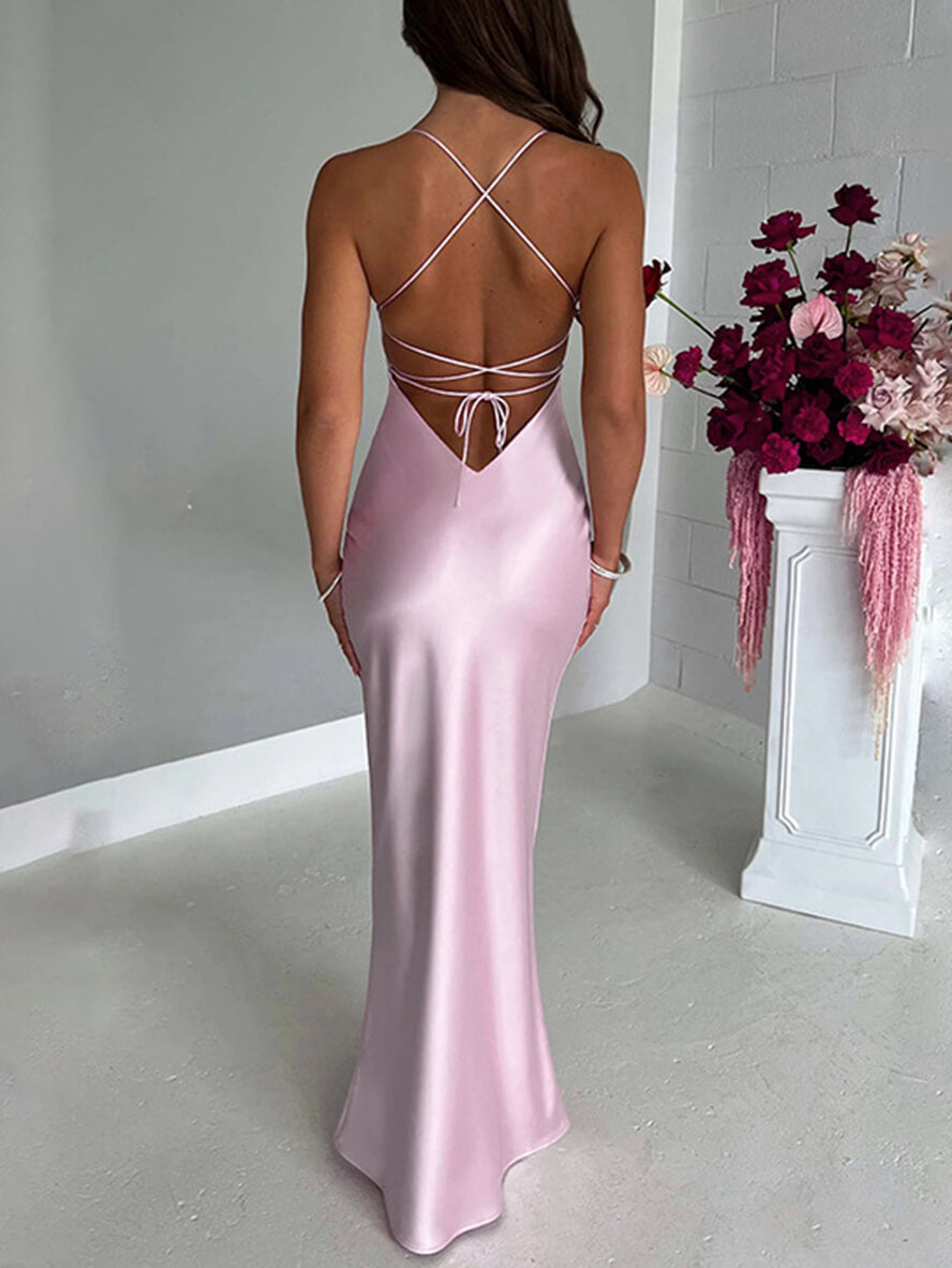 Satin-Meerjungfrau-figurbetontes langes Kleid mit V-Ausschnitt, rückenfrei, Spaghettiträger, ärmellos, für Damen, elegant, modisch, für Abschlussball, Party