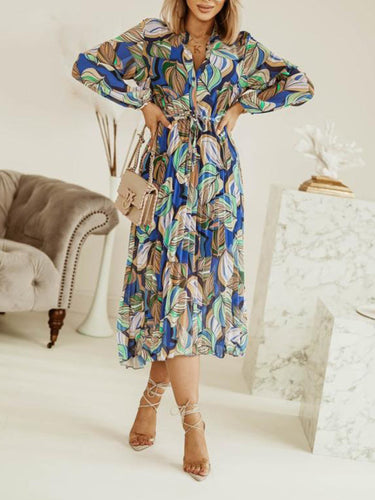 mittellanges Kleid mit tropischem Blattdruck, Baumwolle, Kordelzug in der Taille, V-Ausschnitt, lange Ärmel, Boho, für Damen, lässig