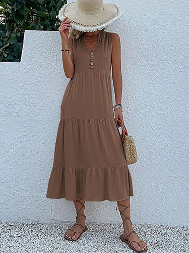 Midi-Kleid, Baumwolle, Rüschen, Knöpfe, Rundhalsausschnitt, ärmellos, Boho, lässig, Damen, Strandkleid