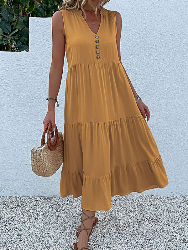 Midi-Kleid, Baumwolle, Rüschen, Knöpfe, ärmellos, Boho, lässig, Strandkleid für Damen