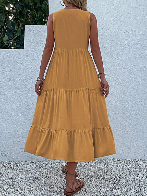 Midi-Kleid, Baumwolle, Rüschen, Knöpfe, ärmellos, Boho, lässig, Strandkleid für Damen