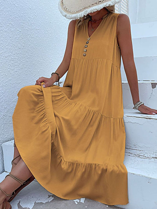 Midi-Kleid, Baumwolle, Rüschen, Knöpfe, ärmellos, Boho, lässig, Strandkleid für Damen