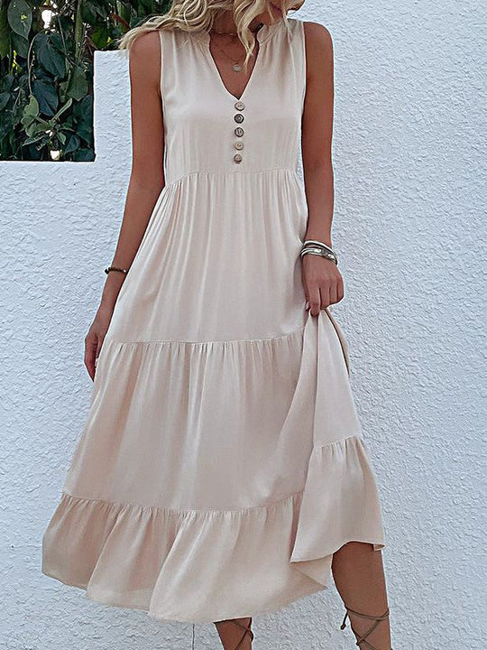 Midi-Kleid, Baumwolle, Rüschen, Knöpfe, ärmellos, Boho, lässig, Strandkleid für Damen