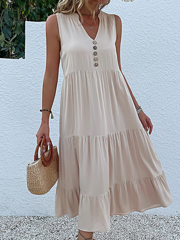 Midi-Kleid, Baumwolle, Rüschen, Knöpfe, ärmellos, Boho, lässig, Strandkleid für Damen