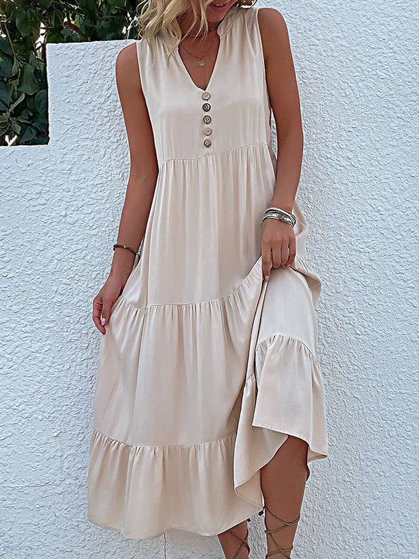 Midi-Kleid, Baumwolle, Rüschen, Knöpfe, ärmellos, Boho, lässig, Strandkleid für Damen