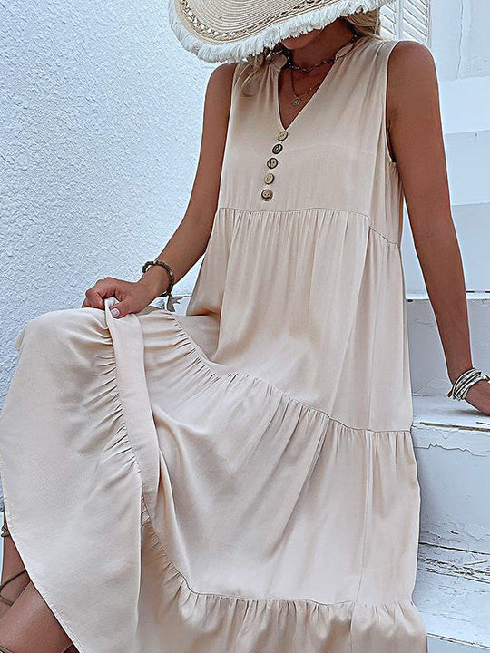 Midi-Kleid, Baumwolle, Rüschen, Knöpfe, ärmellos, Boho, lässig, Strandkleid für Damen