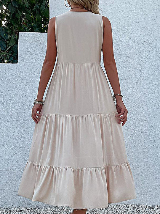 Midi-Kleid, Baumwolle, Rüschen, Knöpfe, ärmellos, Boho, lässig, Strandkleid für Damen