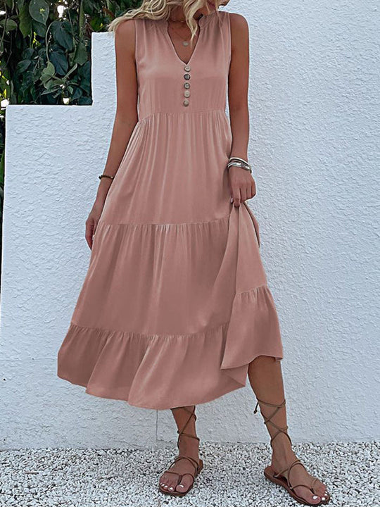 Midi-Kleid, Baumwolle, Rüschen, Knöpfe, ärmellos, Boho, lässig, Strandkleid für Damen