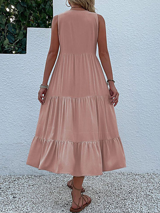 Midi-Kleid, Baumwolle, Rüschen, Knöpfe, ärmellos, Boho, lässig, Strandkleid für Damen