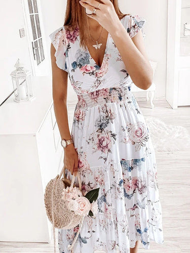 mittellanges Kleid aus Chiffon mit Blumendruck, Rüschen, fließend, V-Ausschnitt, ärmellos, Bohemian-Stil, für Damen, lässig