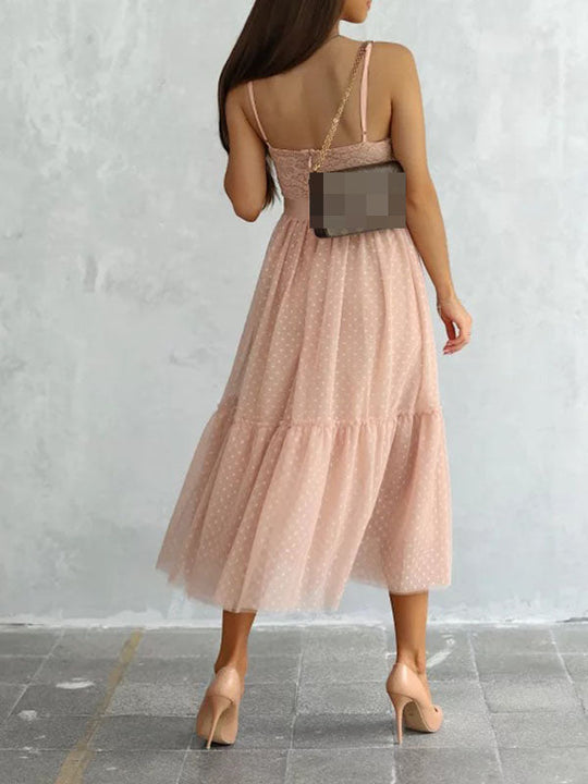 mittellanges, gepunktetes Spitzen-Tutu-Kleid aus fließendem Tüll, rückenfrei, V-Ausschnitt, ärmelloses Boho-Cocktailkleid für Damen