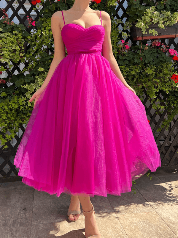 Mittellanges, bauschiges Tutu-Tüllkleid, A-Linie, rückenfrei, Spaghettiträger, ärmellos, für Damen, süßes, elegantes Ballkleid