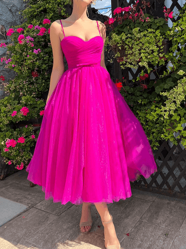 Mittellanges, bauschiges Tutu-Tüllkleid, A-Linie, rückenfrei, Spaghettiträger, ärmellos, für Damen, süßes, elegantes Ballkleid