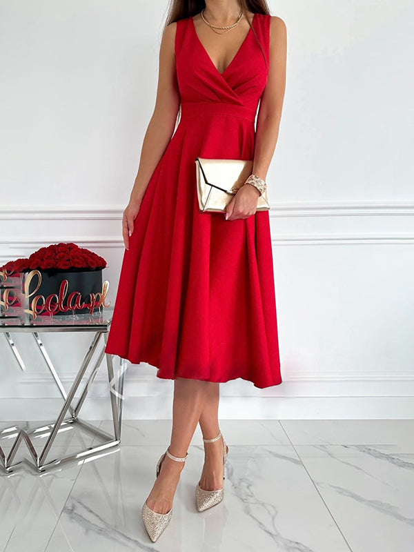 Midi-Kleid in A-Linie, Reißverschluss, Riemen, V-Ausschnitt, ärmellos, elegant, für Damen, Cocktailparty