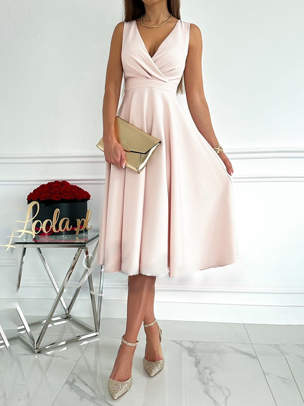 Midi-Kleid in A-Linie, Reißverschluss, Riemen, V-Ausschnitt, ärmellos, elegant, für Damen, Cocktailparty