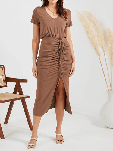 mittellanges, figurbetontes Kleid mit geteilter Schleife, Kordelzug in der Taille, V-Ausschnitt, kurze Ärmel, für Damen, lässig, elegant, modisch, Sommer
