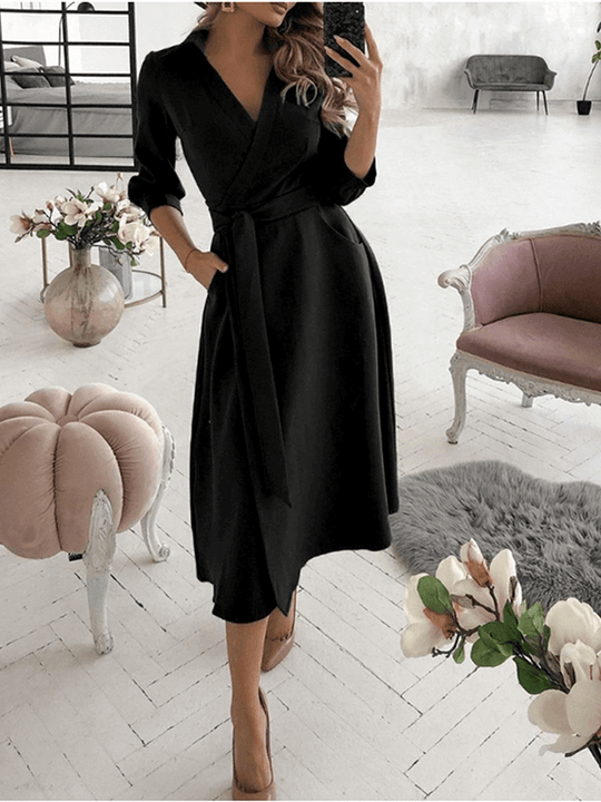Mittellange Bluse, A-Linien-Kleid, geteilt, fließende Schleifentaschen, V-Ausschnitt, Reverskragen, lange Ärmel, elegante Mode, Party
