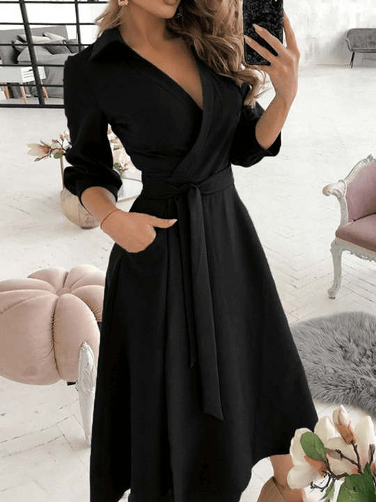 Mittellange Bluse, A-Linien-Kleid, geteilt, fließende Schleifentaschen, V-Ausschnitt, Reverskragen, lange Ärmel, elegante Mode, Party
