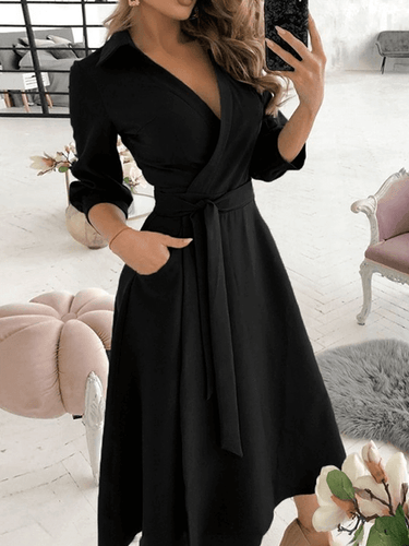 Mittellange Bluse, A-Linien-Kleid, geteilt, fließende Schleifentaschen, V-Ausschnitt, Reverskragen, lange Ärmel, elegante Mode, Party