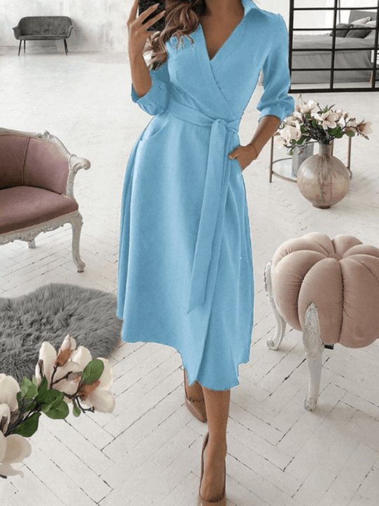 Mittellange Bluse, A-Linien-Kleid, geteilt, fließende Schleifentaschen, V-Ausschnitt, Reverskragen, lange Ärmel, elegante Mode, Party