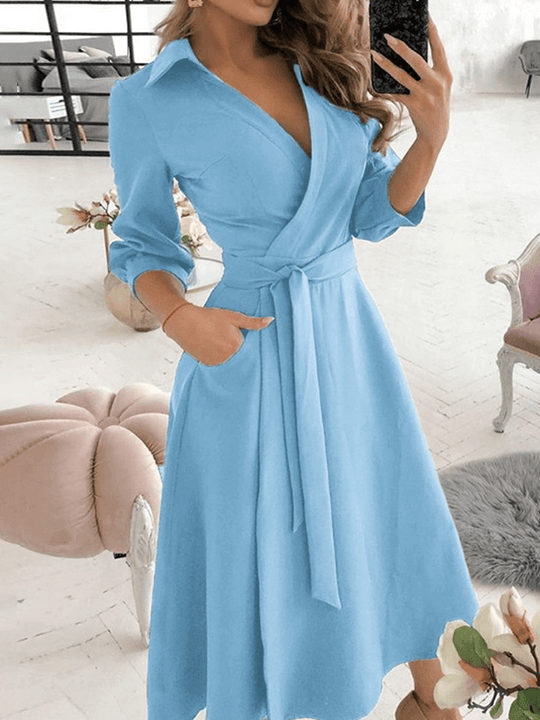 Mittellange Bluse, A-Linien-Kleid, geteilt, fließende Schleifentaschen, V-Ausschnitt, Reverskragen, lange Ärmel, elegante Mode, Party