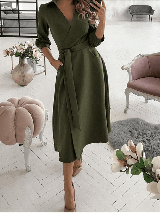 Mittellange Bluse, A-Linien-Kleid, geteilt, fließende Schleifentaschen, V-Ausschnitt, Reverskragen, lange Ärmel, elegante Mode, Party