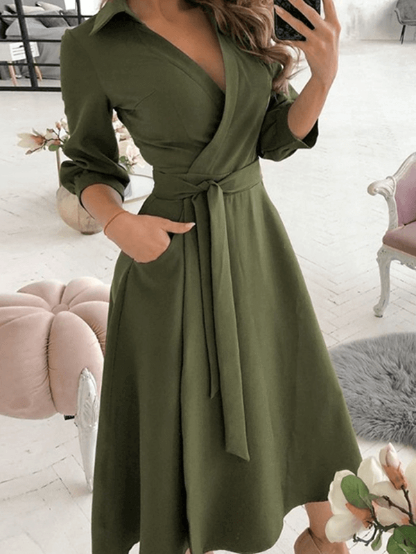 Mittellange Bluse, A-Linien-Kleid, geteilt, fließende Schleifentaschen, V-Ausschnitt, Reverskragen, lange Ärmel, elegante Mode, Party