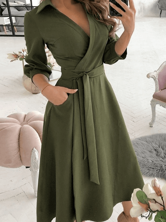 Mittellange Bluse, A-Linien-Kleid, geteilt, fließende Schleifentaschen, V-Ausschnitt, Reverskragen, lange Ärmel, elegante Mode, Party