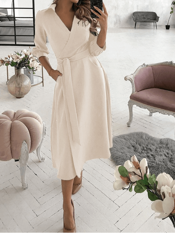 Mittellange Bluse, A-Linien-Kleid, geteilt, fließende Schleifentaschen, V-Ausschnitt, Reverskragen, lange Ärmel, elegante Mode, Party