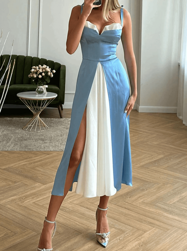 Midikleid mit Schlitz, fließender Fliege, rückenfrei, Träger, ärmellos, für Damen, süß, elegant, Vintage, Cocktailparty