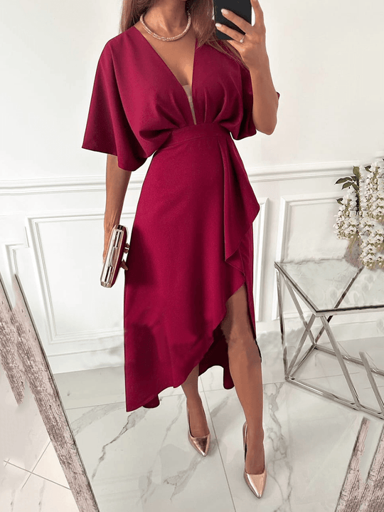 mittellanges, einfarbiges Kleid mit geteiltem V-Ausschnitt und kurzen Ärmeln für Damen, elegante Mode für Cocktailpartys