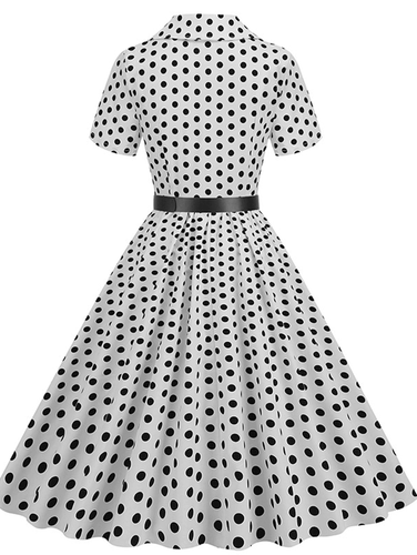 Trapez-Skaterkleid mit fließenden Tupfen, Knöpfen, Taschen, Gürtel, kurzen Ärmeln, elegantes Audrey Hepburn-Jahrgang 1950