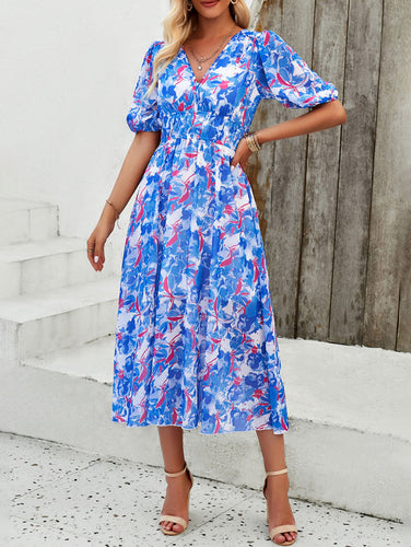 Midikleid, Blumendruck, Chiffon, V-Ausschnitt, kurzärmelig, Damen, lässig, elegant, lässig, Strandkleid