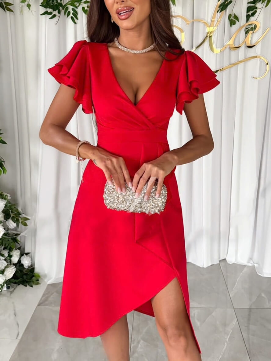 Kleid mit V-Ausschnitt, unregelmäßigen kurzen Ärmeln, mehrlagigen Rüschen, für Damen, elegante Mode, für Hochzeitsgäste